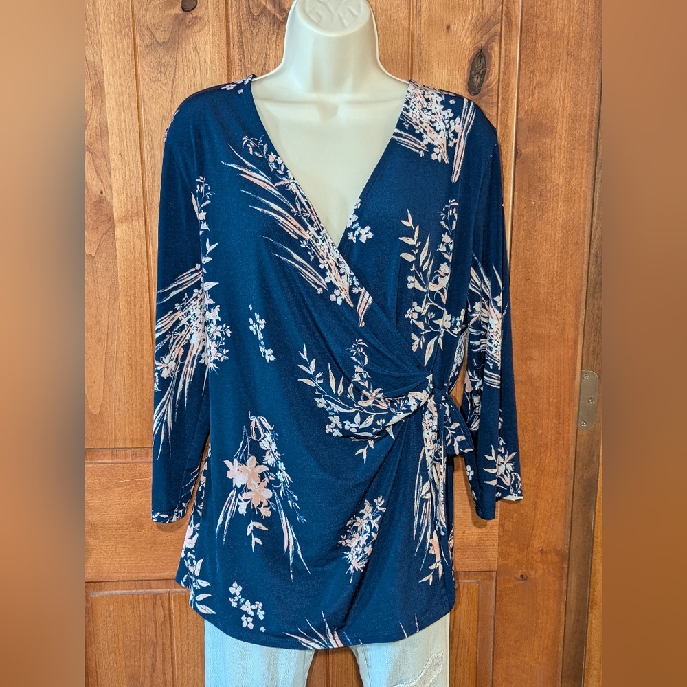 Massini Navy Blue Faux Wrap‎ Top